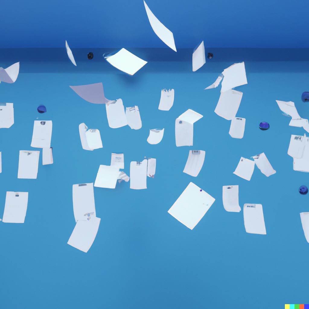 DALL·E prompt: notes of paper floating in the air in a blue room, realistic 4k render cgsociety